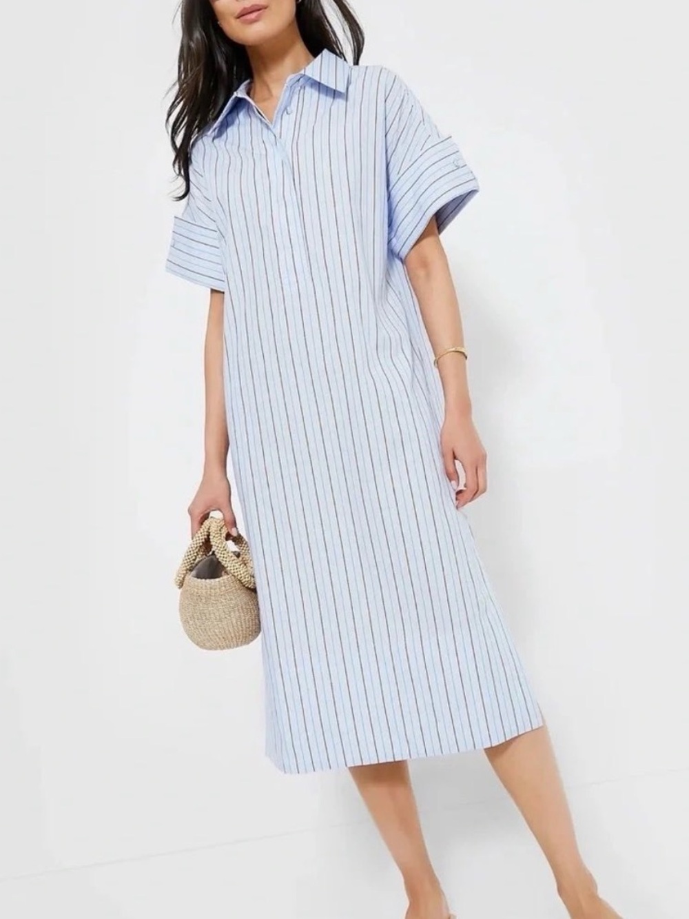 NWT Pomander Place Reina Light Blue & White Striped Midi Shirt Dress
